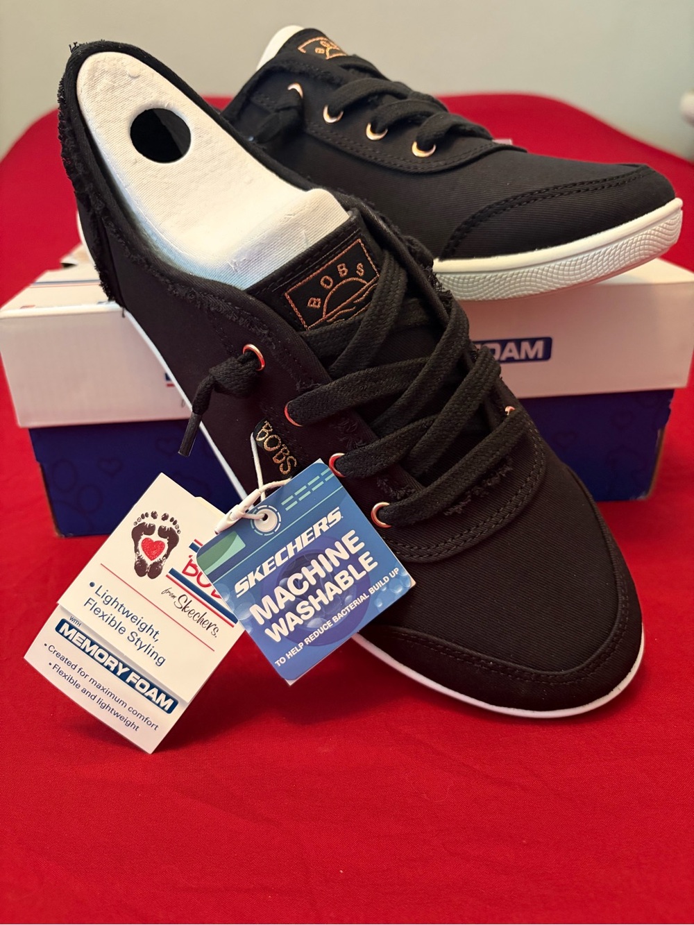 Skechers Black Canvas Lace-Up BOBS Sneakers with White Sole 9.5 Wide Fit